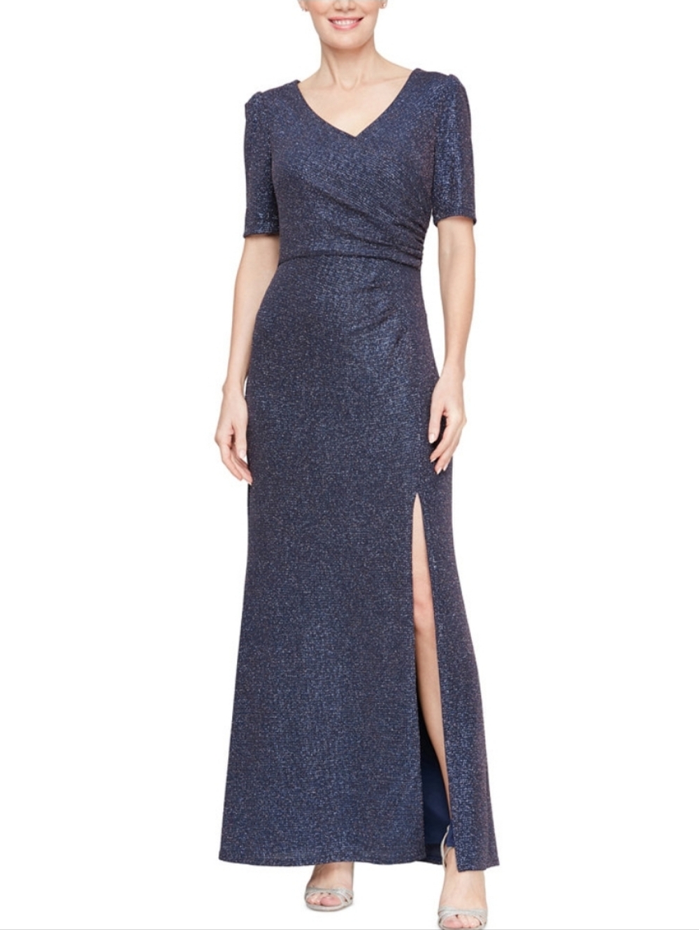 Metallic High-Slit Evening Gown